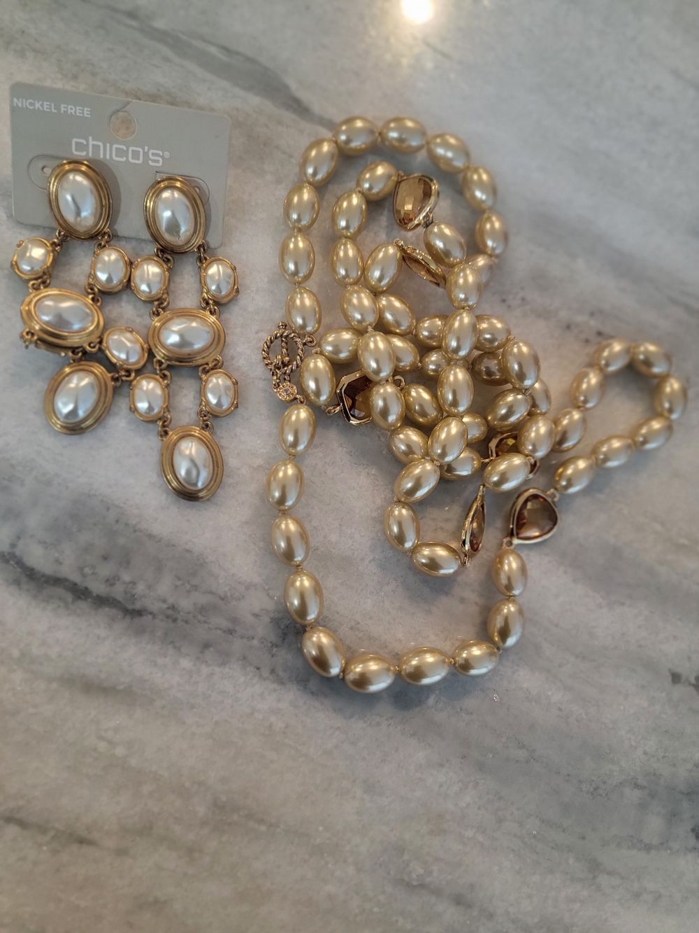 Chico's Cream Pearl and Gold-Tone Necklace with Matching Earrings